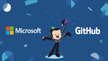 Microsoft and GitHub logos with a celebratory graphic