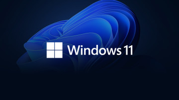 Windows 11 logo white on top of the default Windows 11 wallpaper dark theme