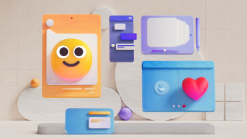 3D Emoji design from Microsoft showing smiling faces and other illustrations