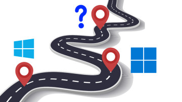 A curvy road with pins featuring logos of Windows 10 Windows 11 and a question mark