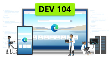 An illustration showing people working on developing the Edge browser version 104