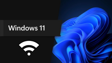 A Windows 11 promo image with a Wi-Fi icon