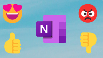 OneNote logo in the center with angry and thumbs down emoji on the right and love and thumbs up emoj