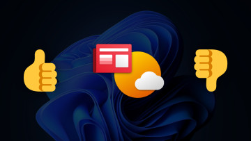 An illustration showing thumbs down and up next to icons representing Windows Widgets