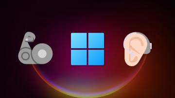 The Windows 11 logo next to a prosthetic arm and hearing aid icons