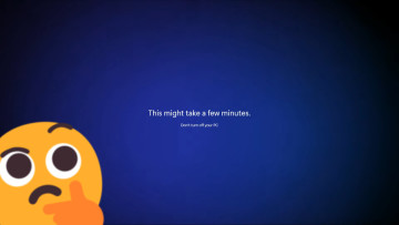Blue Windows 11 update screen with This might take a few minutes dont turn off your PC written and a