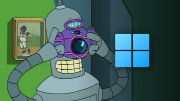 A screenshot from Futurama with Bender taking a picture of a superimposed Windows 11 logo