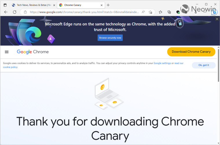 A Microsoft Edge banner in Google Chrome