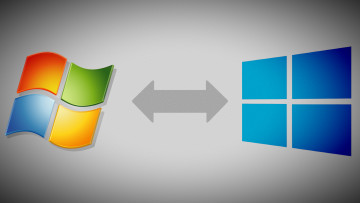 Windows 7 and Windows 10 logos with a bidirectional arrow between them