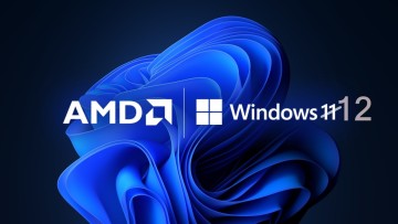 AMD Windows 11 logo side by side with 11 struck off and replaced with 12