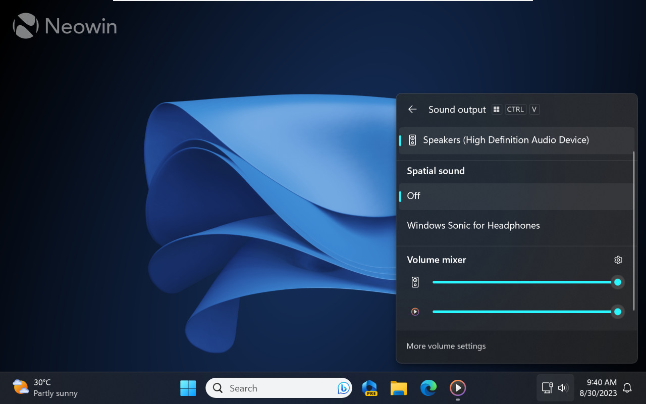 A screenshot of the new Volume Mixer in Windows 11 23H2