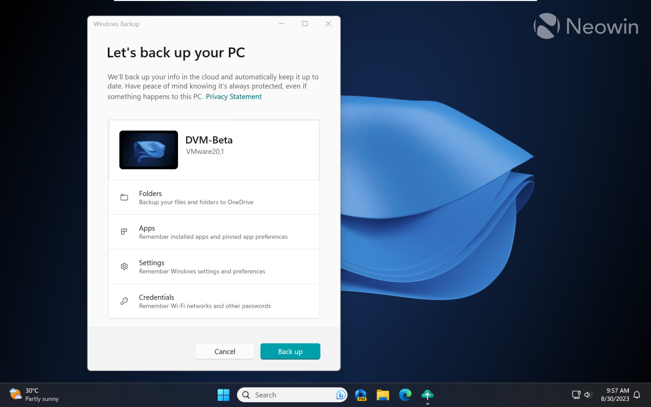 A screenshot of the new Windows Backup app for Windows 11