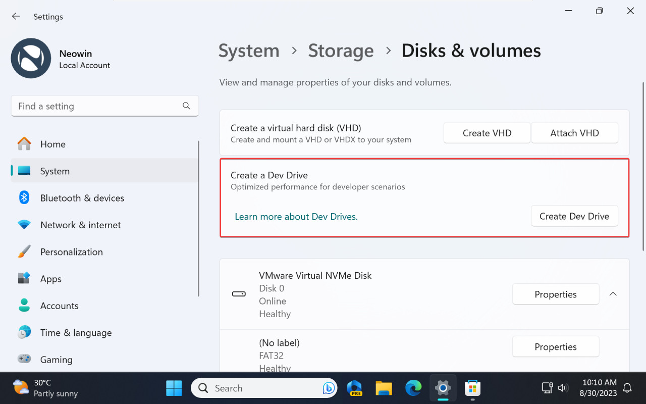 A screenshot of Windows 11s Settings app showing how to create a Dev Drive