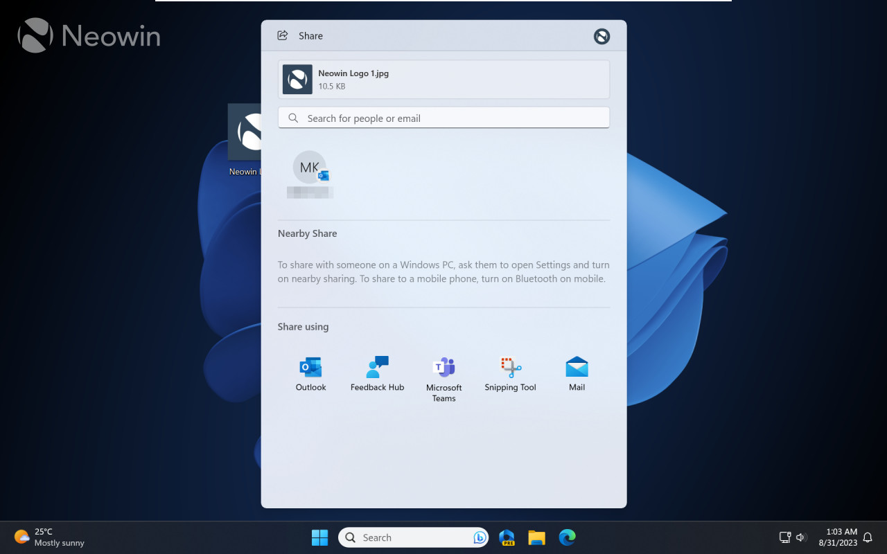 A screenshot of the reworked Nearby Share ui in Windows 11 23H2