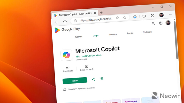 The Microsoft Copilot app in the Google Play Store