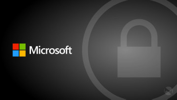 A Microsoft logo on a grey background with a padlock icon in a circle on the right